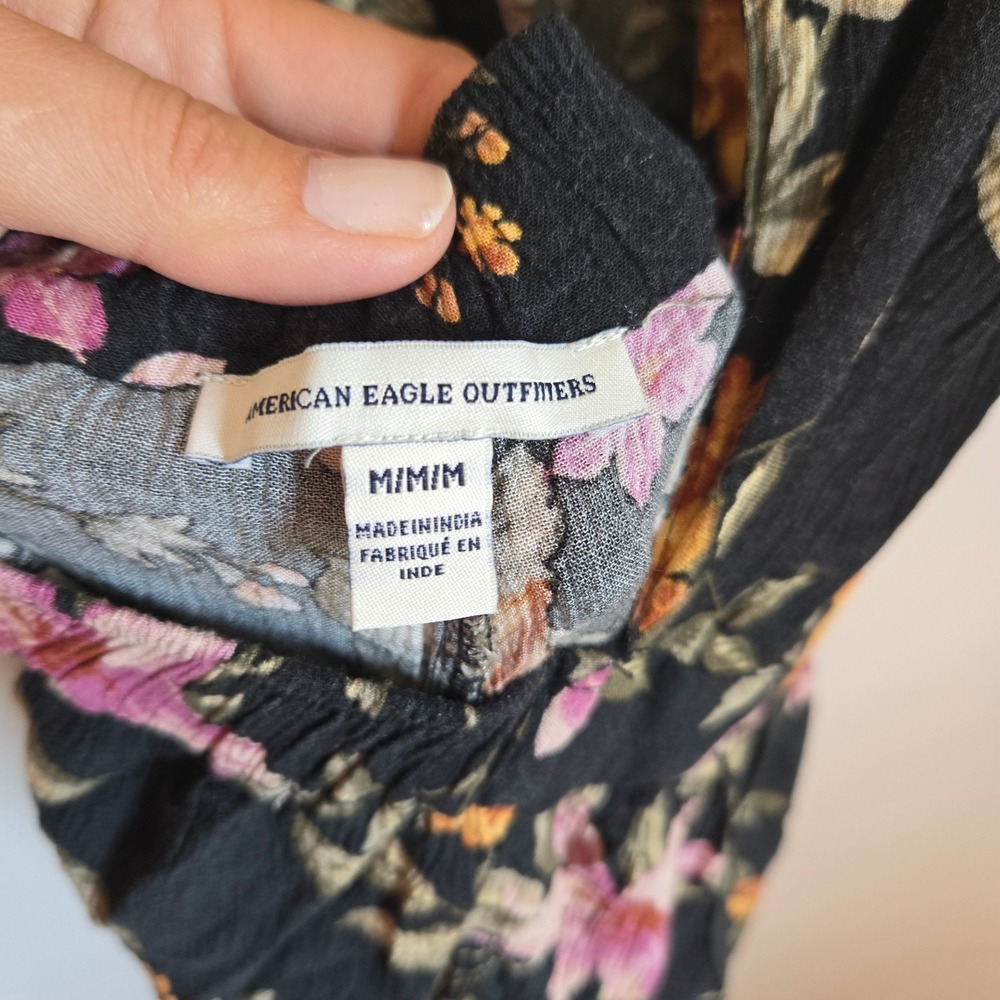 American Eagle Floral pantsuit Black Pink Orange Wide Leg Smocked Back Womens M - Picture 6 of 12